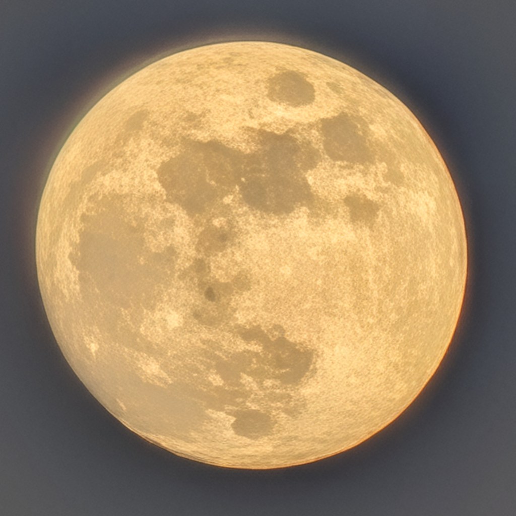 Een gedetailleerde foto van een volle maan met een warme, goudgele gloed tegen een donkergrijze lucht, waarop kraters en oppervlaktestructuren duidelijk zichtbaar zijn.